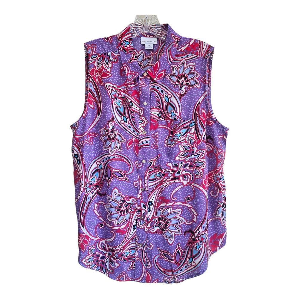 LIZ CLAIBORNE Women's M Sleeveless Blouse Button Up Floral Red Purple Bust 40"